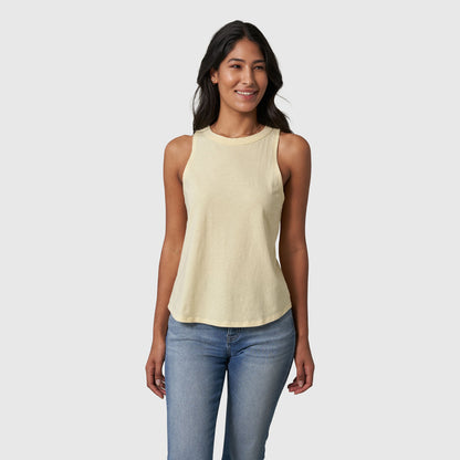 Yellow Women's SoftHemp™ High Neck Tank (Front): Pale yellow sleeveless tank with high crew neckline, worn with jeans
