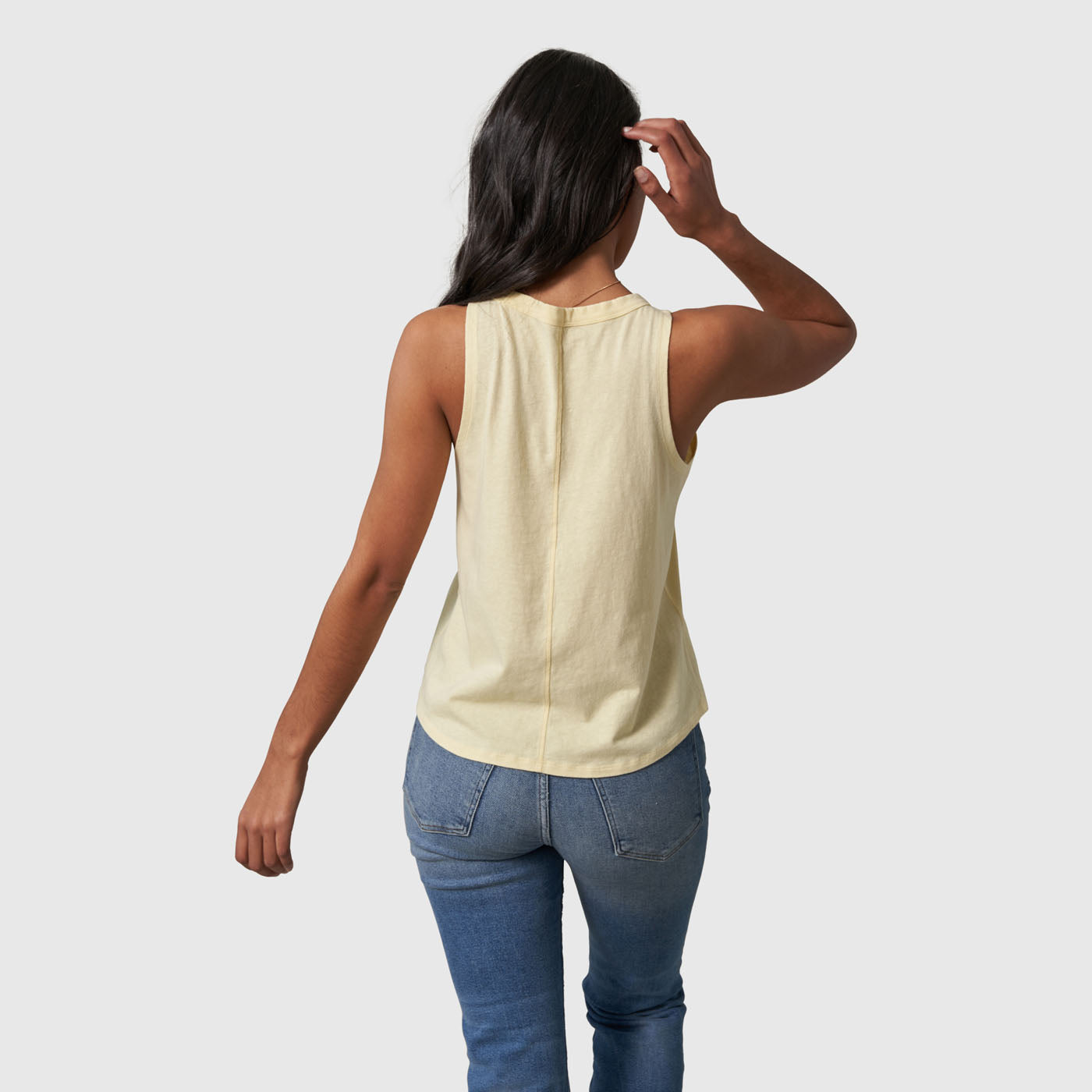 Yellow Women's SoftHemp™ High Neck Tank (Back): Back view of pale yellow sleeveless tank with center seam detail