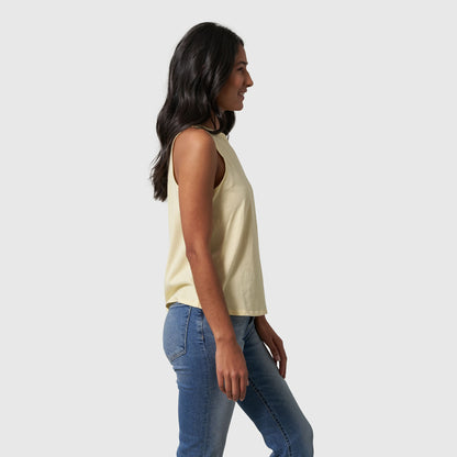 Yellow Women's SoftHemp™ High Neck Tank (Side): Side view of pale yellow sleeveless high neck tank tucked into blue jeans