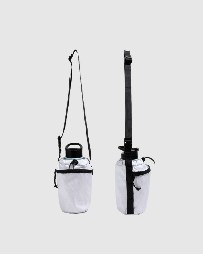 White Water Bottle Sling - Westward (Pre-Release) (Angle): Two white bottle slings with black drawstring tops, straps, and small zippered pockets