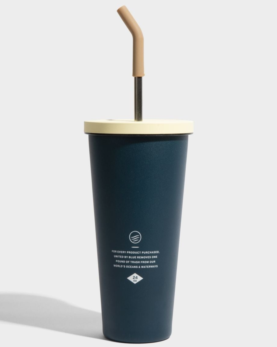 Lake- Waves 24 oz Insulated Steel Straw Tumbler (Back): Dark blue tumbler with cream lid, metal straw, and silicone tip