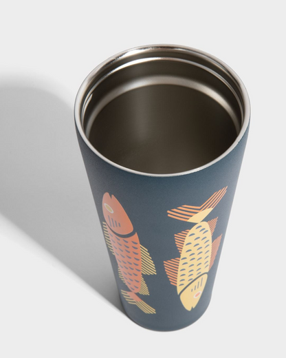 Rainstorm - Fish 24 oz Insulated Steel Straw Tumbler (Detail): Dark navy tumbler with orange and yellow geometric fish illustrations, stainless interior visible