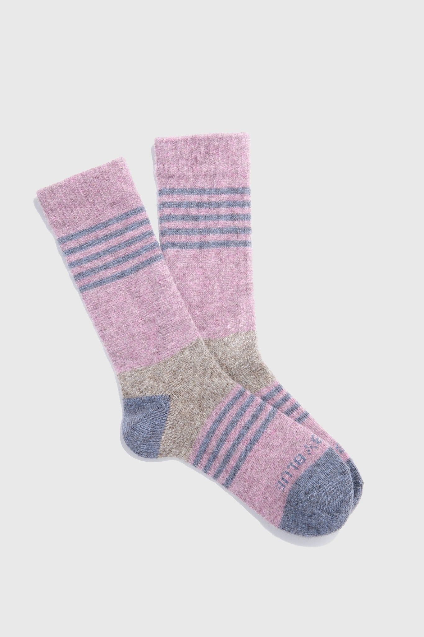Pink and Heather Blue Striped Yak Wool - Everyday Crew Sock - 2 Pack (Flat-lay): Pink crew socks with blue stripes, gray heel and toe accents
