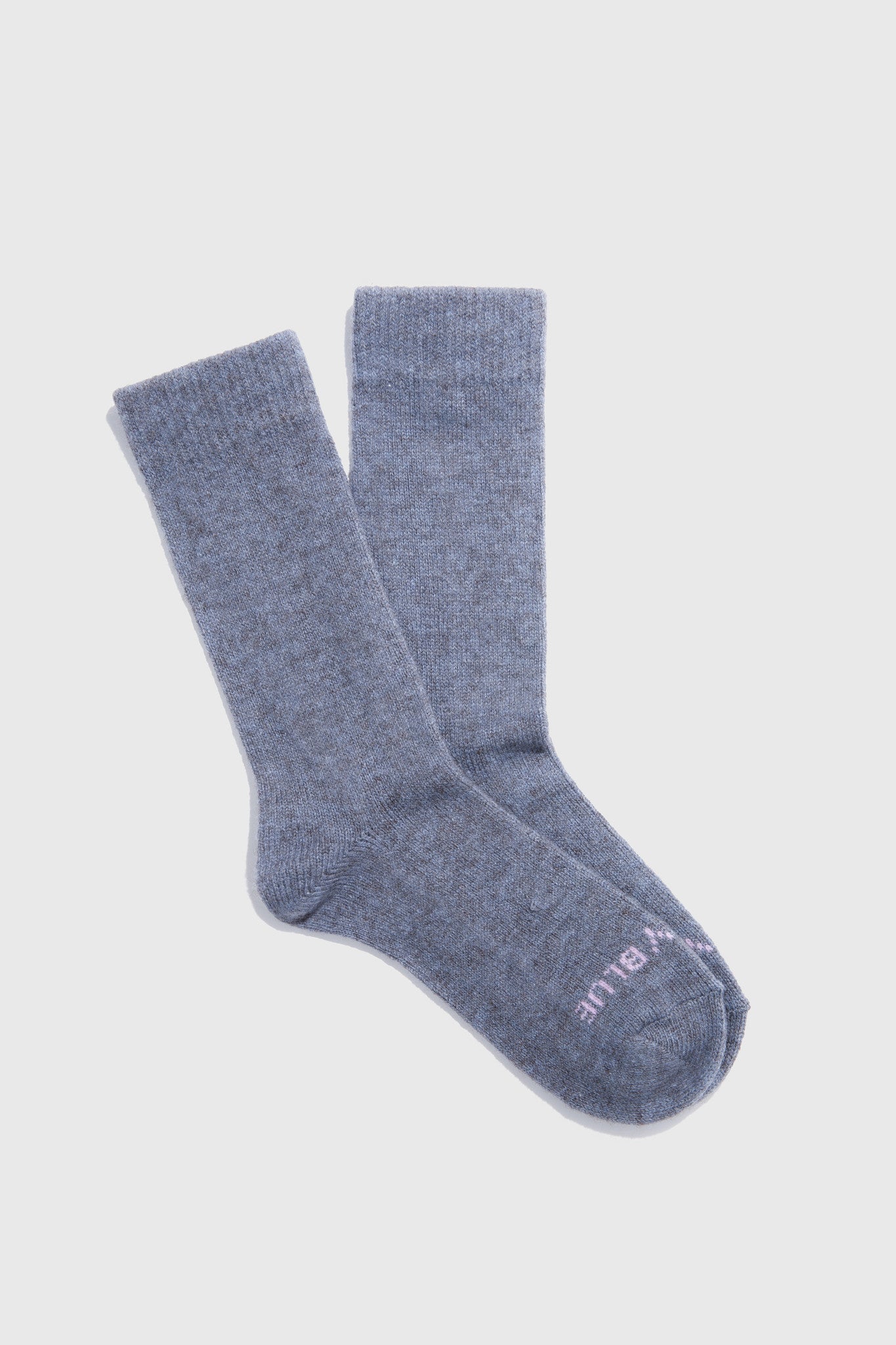 Yak Wool - Everyday Crew Sock - 2 Pack (Flat-lay): Pair of heathered blue-gray crew socks with ribbed cuffs, brand logo on sole
