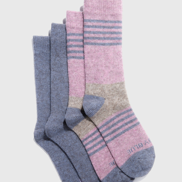 Pink and Heather Blue Striped Yak Wool - Everyday Crew Sock - 2 Pack (Flat-lay): Two pairs of crew socks, one blue solid, one pink striped with gray accents