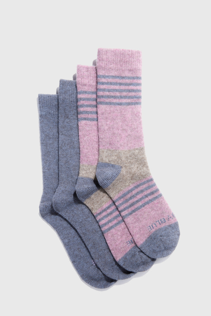 Pink and Heather Blue Striped Yak Wool - Everyday Crew Sock - 2 Pack (Flat-lay): Two pairs of crew socks, one blue solid, one pink striped with gray accents