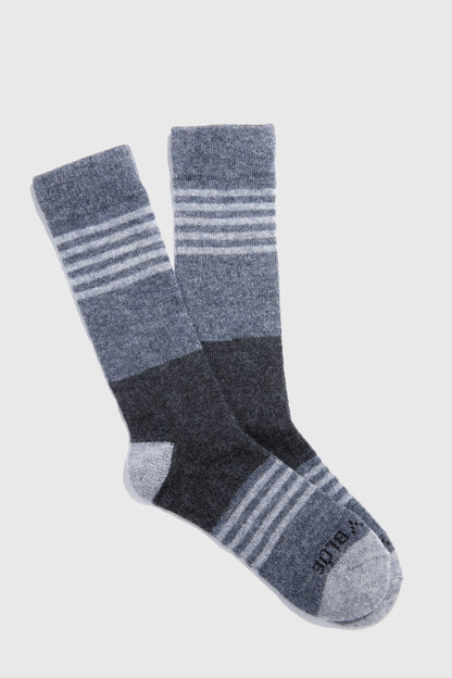 Gray Striped Yak Wool - Everyday Crew Sock - 2 Pack (Flat-lay): Two gray crew socks with light gray stripes, dark charcoal foot panels