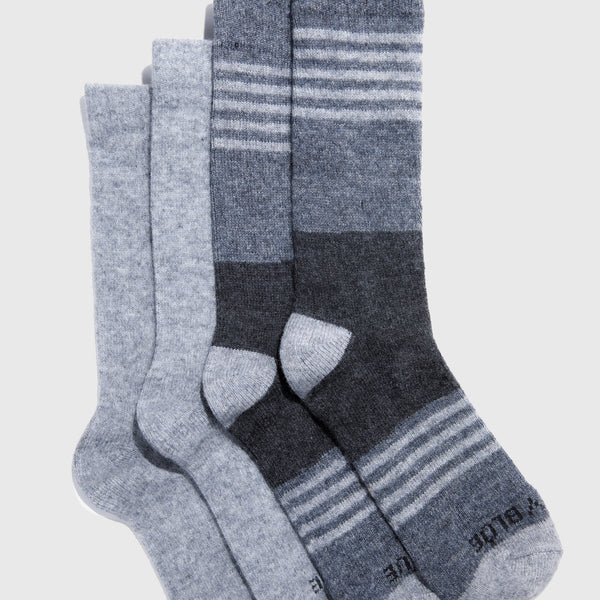 Gray Striped Yak Wool - Everyday Crew Sock - 2 Pack (Flat-lay): Two pairs of crew socks, one solid light gray, one dark gray striped
