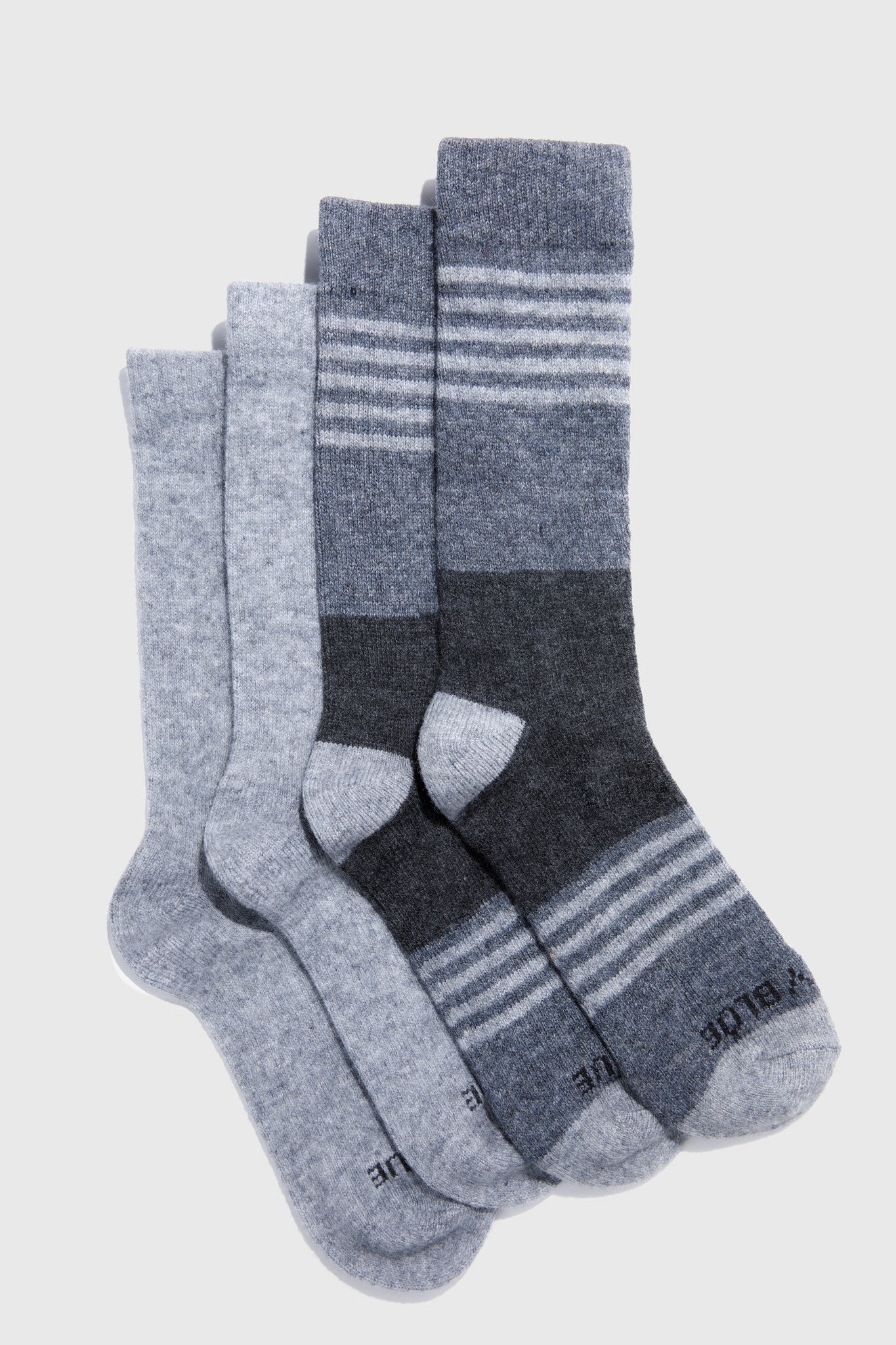 Gray Striped Yak Wool - Everyday Crew Sock - 2 Pack (Flat-lay): Two pairs of crew socks, one solid light gray, one dark gray striped