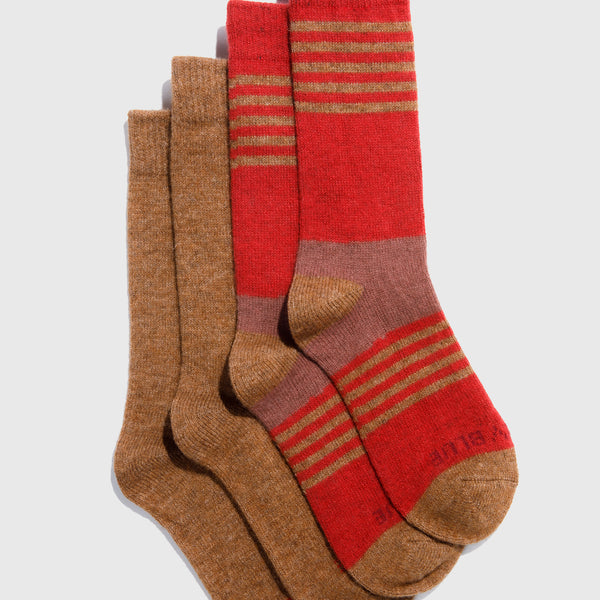Sienna and Red Striped Yak Wool - Everyday Crew Sock - 2 Pack (Flat-lay): Two crew socks pairs: solid tan and red with tan horizontal stripes