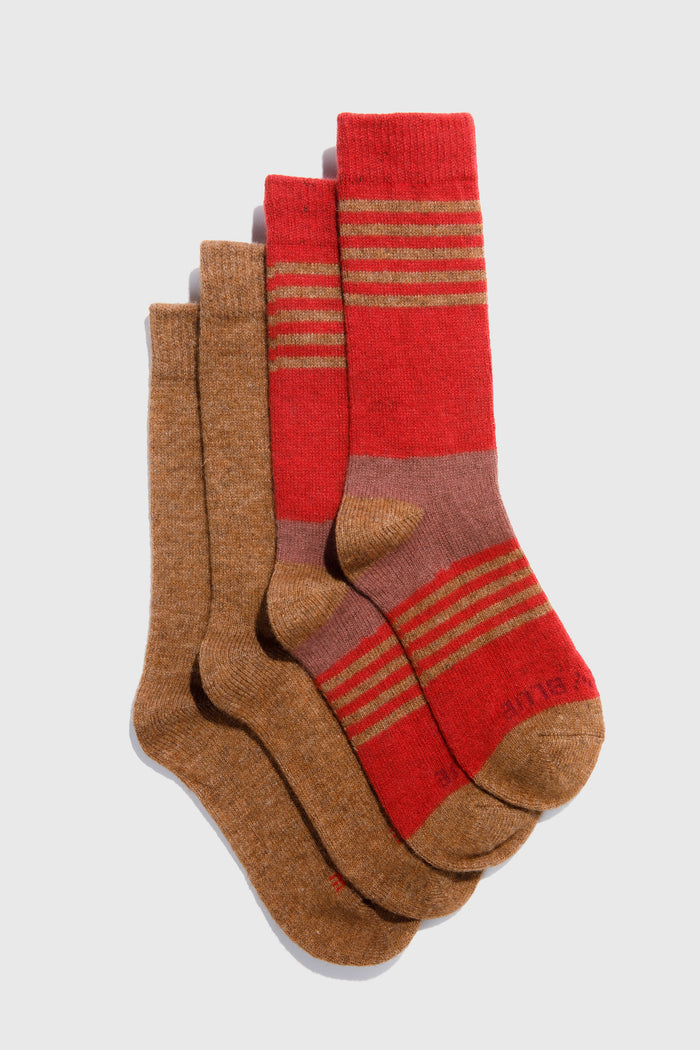 Sienna and Red Striped Yak Wool - Everyday Crew Sock - 2 Pack (Flat-lay): Two crew socks pairs: solid tan and red with tan horizontal stripes