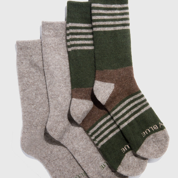 Tan and Green Striped Yak Wool - Everyday Crew Sock - 2 Pack (Flat-lay): Two pairs of crew socks, one solid tan, one green striped with brown heel