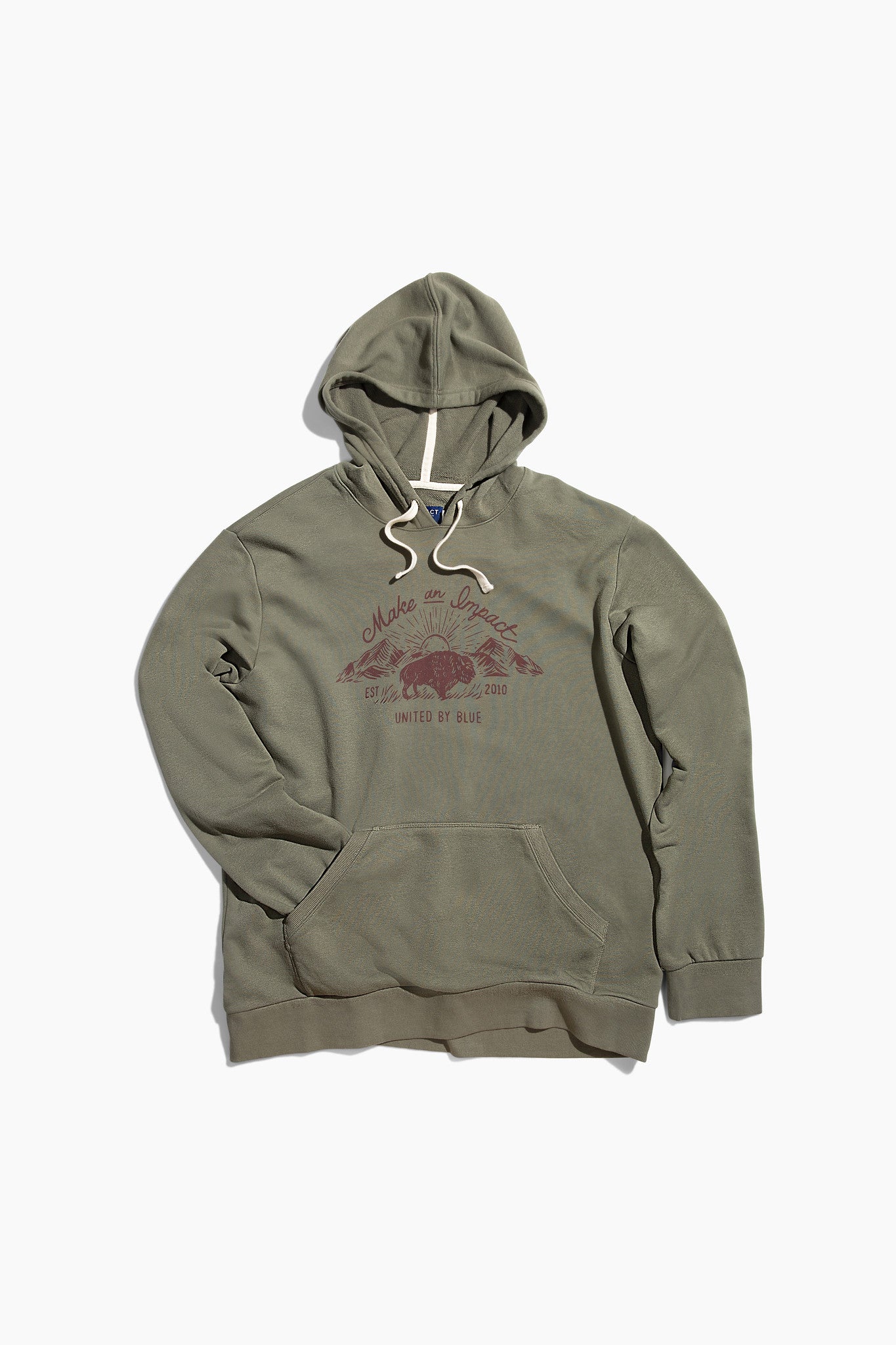 Dark Olive Bison Impact Hoodie (Flat-lay): Olive pullover hoodie with burgundy bison mountain graphic and kangaroo pocket
