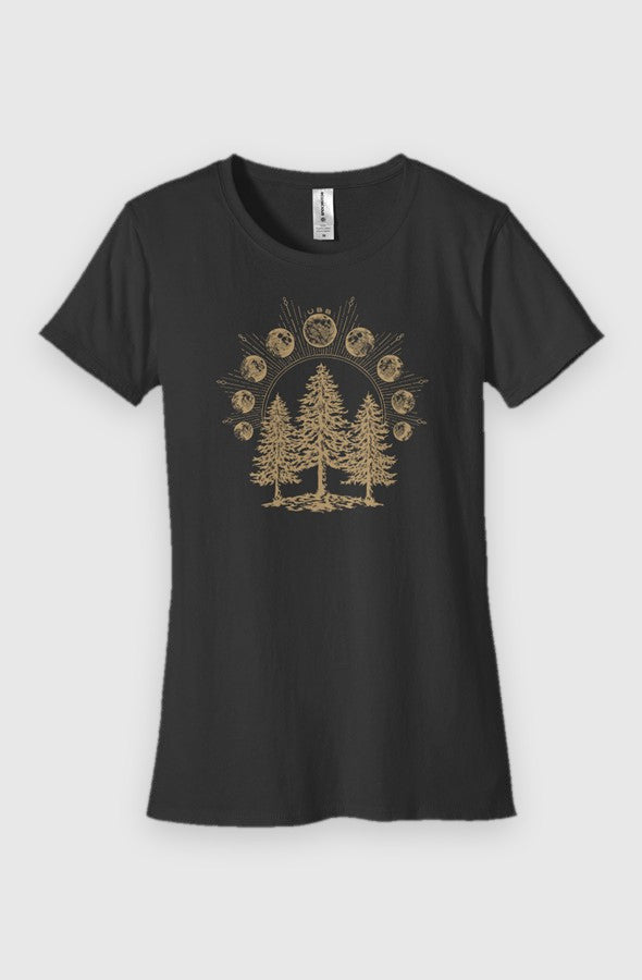 Black Womens Fit Graphic Tee in 100% Organic Cotton - Lunar Phases (Front): Fitted black tee with gold pine trees beneath an arc of moon phases