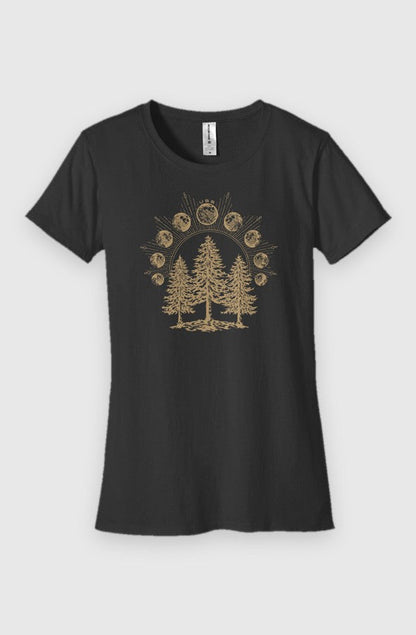 Black Womens Fit Graphic Tee in 100% Organic Cotton - Lunar Phases (Front): Fitted black tee with gold pine trees beneath an arc of moon phases