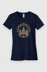 navy Womens Fit Graphic Tee in 100% Organic Cotton - Lunar Phases (Front): Fitted navy tee with gold pine trees beneath an arc of moon phases