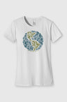 white Womens Fit Graphic Tee in 100% Organic Cotton - Rooted (Front): White crewneck tee with navy and olive botanical medallion and brand text