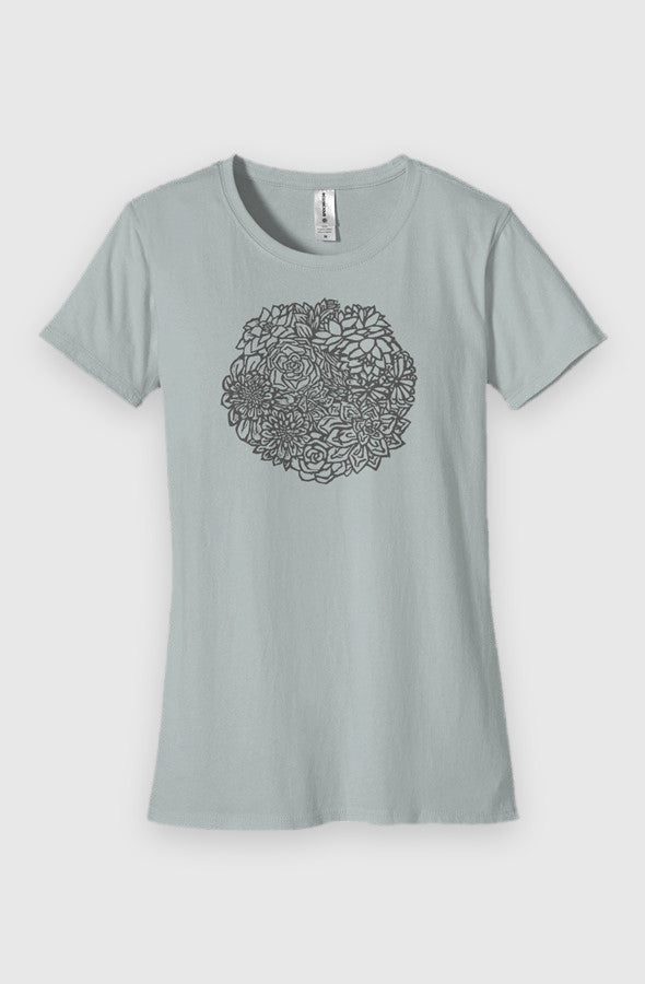 Sky Womens Fit Graphic Tee in 100% Organic Cotton - Succulents (Flat-lay): Light blue-gray tee with circular succulent plant illustration on chest