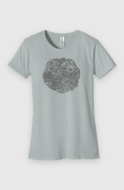 Sky Womens Fit Graphic Tee in 100% Organic Cotton - Succulents (Flat-lay): Light blue-gray tee with circular succulent plant illustration on chest