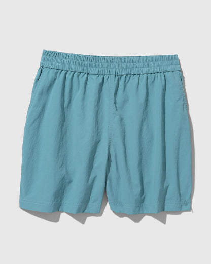 Teal Recycled Sport Short (Flat-lay): Teal elastic-waist shorts with center seam and side pockets visible