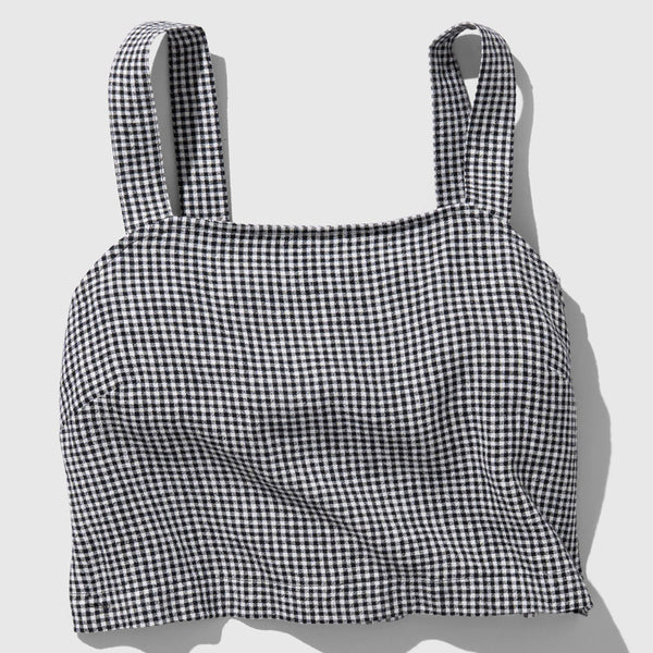 Black Linen Cropped Tank (Flat-lay): Black and white gingham check cropped tank with wide square straps
