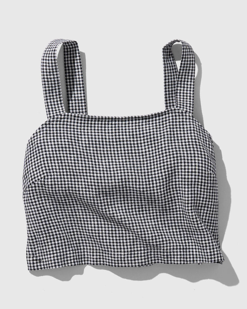 Black Linen Cropped Tank (Flat-lay): Black and white gingham check cropped tank with wide square straps