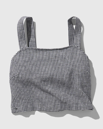 Black Linen Cropped Tank (Flat-lay): Black and white gingham check cropped tank with wide square straps