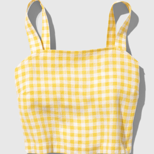 Cream Gold Linen Cropped Tank (Flat-lay): Yellow and white gingham cropped tank top with wide shoulder straps