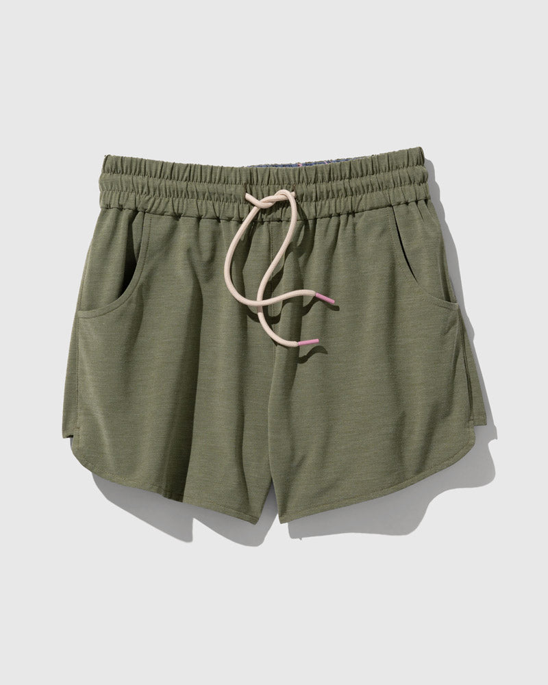 Cypress The Responsible Swim Short (Flat-lay): Olive green shorts with elastic waistband, cream drawstring, and side pockets
