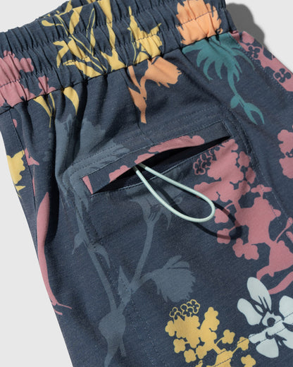 Midnight The Responsible Swim Short (Detail): Close-up of back pocket with mint zip pull on dark floral print shorts