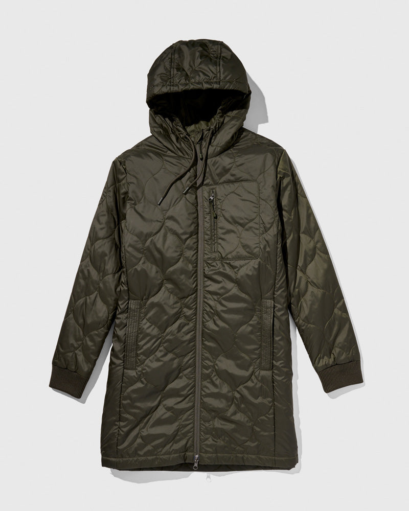 Forest Floor Bison Ultralight Long Liner Jacket (Flat-lay): Olive green quilted hooded long jacket with front zipper and side pockets