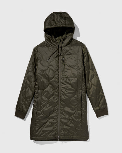 Forest Floor Bison Ultralight Long Liner Jacket (Flat-lay): Olive green quilted hooded long jacket with front zipper and side pockets