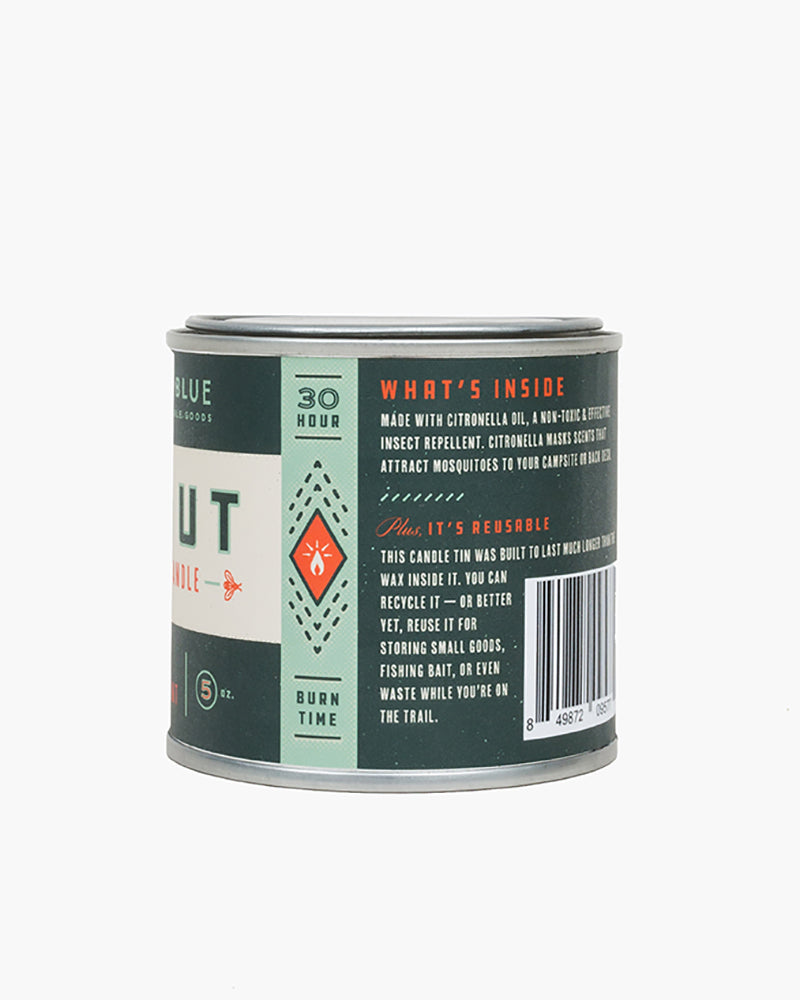 Default Title 5oz Scout Citronella Candle - 2 Pack (Back): Dark green tin candle showing burn time, ingredients, and reuse instructions