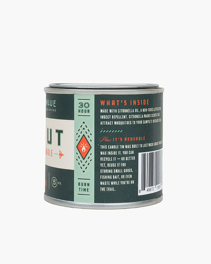 Default Title 5oz Scout Citronella Candle - 2 Pack (Back): Dark green tin candle showing burn time, ingredients, and reuse instructions