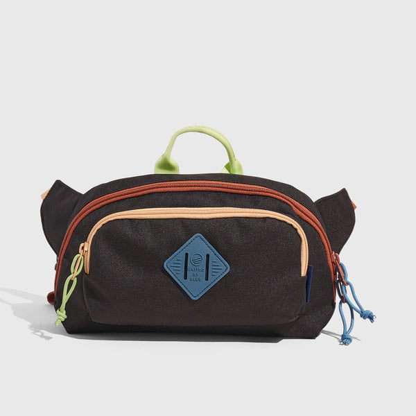 Black Multi (R)evolution™ 3L Utility Fanny Pack (Front): Dark brown fanny pack with rust, peach, green, and blue zipper accents