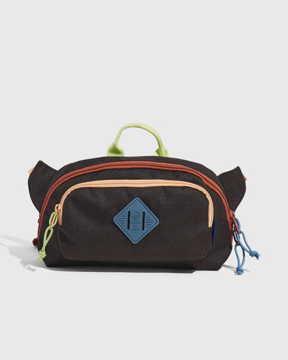 Black Multi (R)evolution™ 3L Utility Fanny Pack (Front): Dark brown fanny pack with rust, peach, green, and blue zipper accents