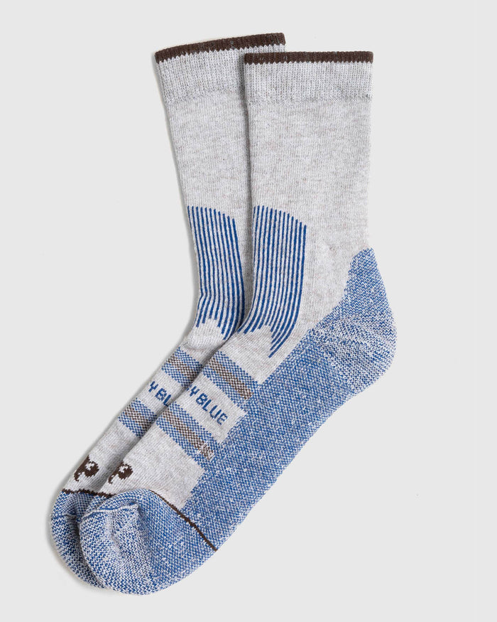 Blue Bison Wool Trail Sock (Flat-lay): Pair of grey crew socks with blue heel, toe, and stripe accents
