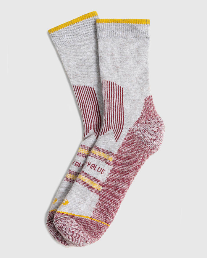 Red Bison Wool Trail Sock (Angle): Pair of grey crew socks with burgundy heel, toe, and stripe accents, yellow cuff trim