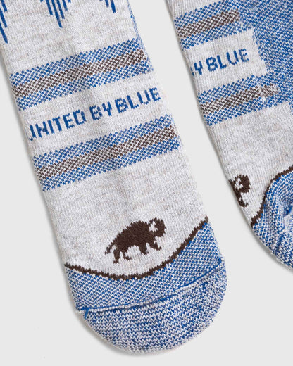 Blue Bison Wool Trail Sock (Detail): Gray knit sock toe with brown bison motif and blue stripe pattern