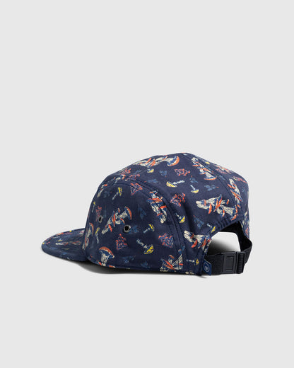 Navy Mushrooms Organic 5-Panel Hat (Angle): Navy five-panel cap with colorful mushroom print and black buckle strap