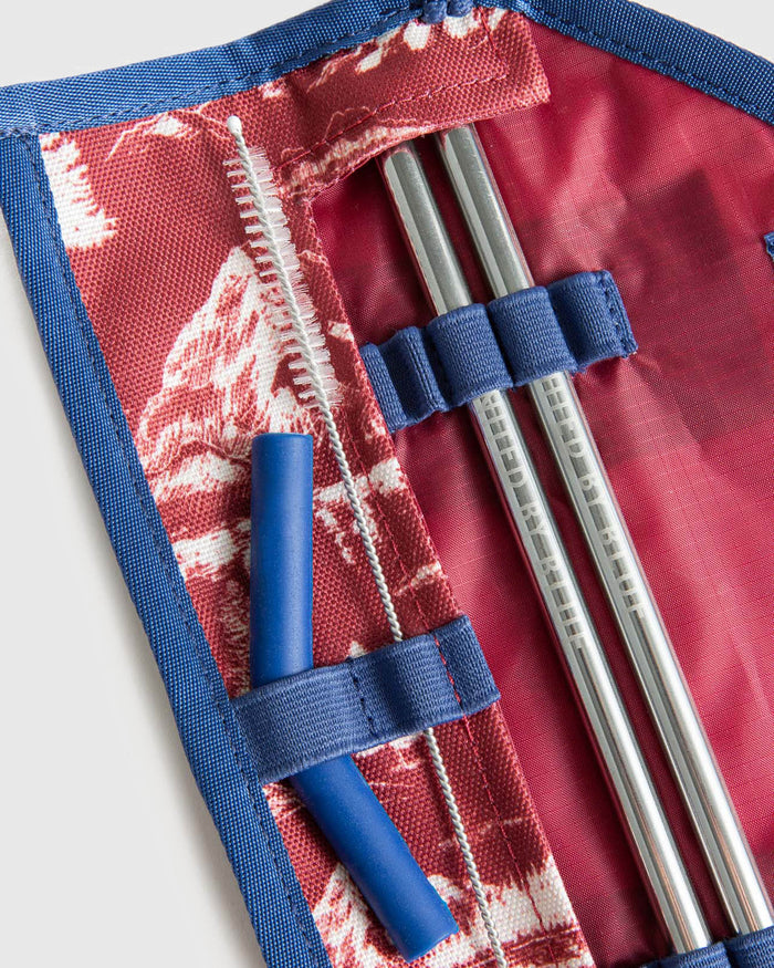 Sapphire The Straw Kit (Detail): Red toile pouch open, showing two steel straws and cleaning brush