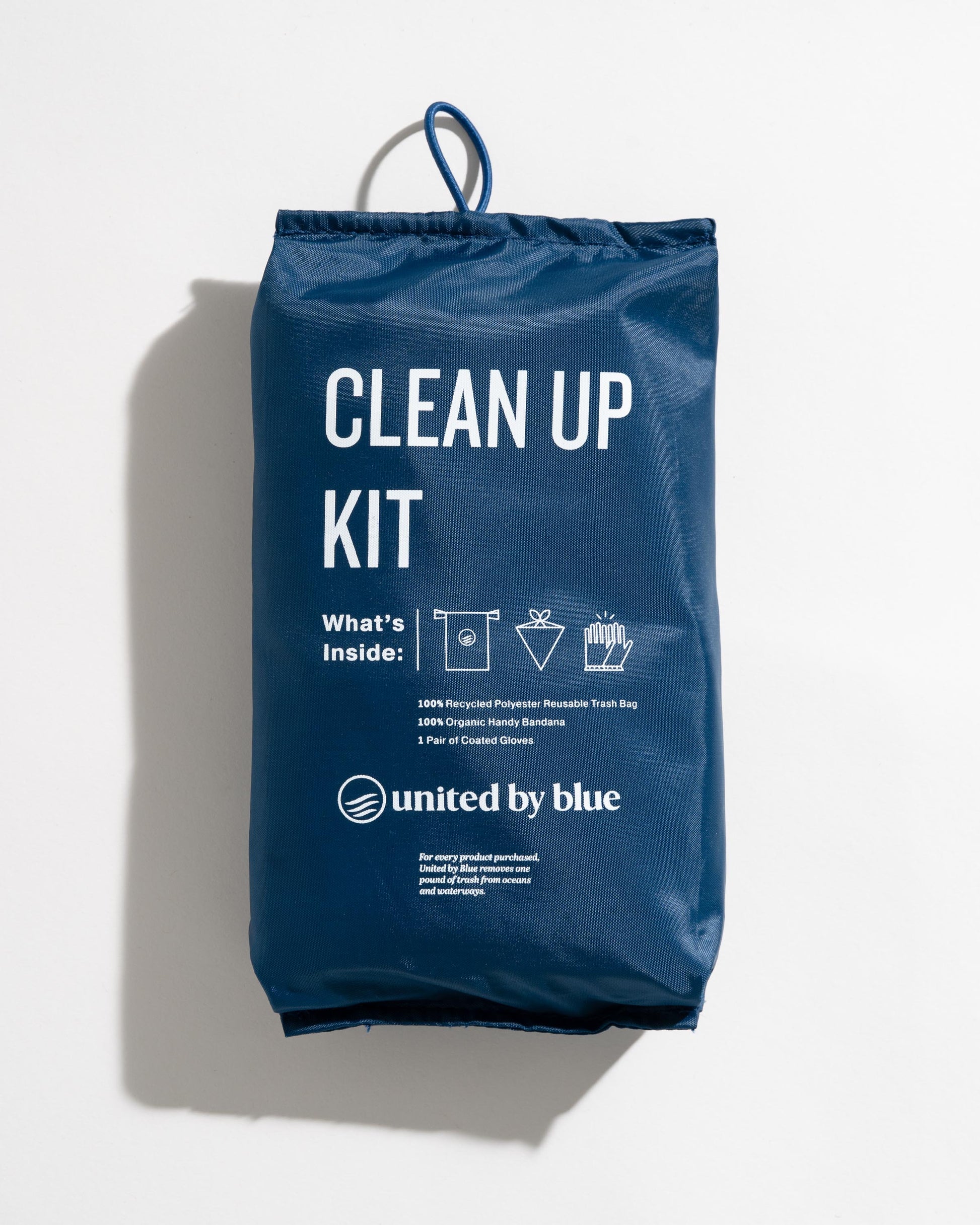 Navy Reusable DIY Cleanup Kit (Front): Navy drawstring pouch with white bold text, icons, and brand logo