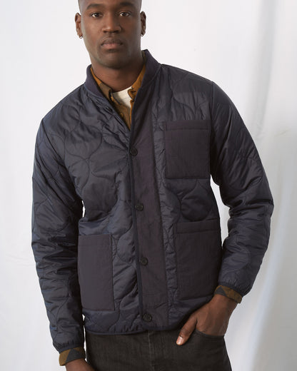 Night Sky Bison Ultralight Liner Jacket (Front): Man wearing dark navy quilted button-front jacket with patch pockets