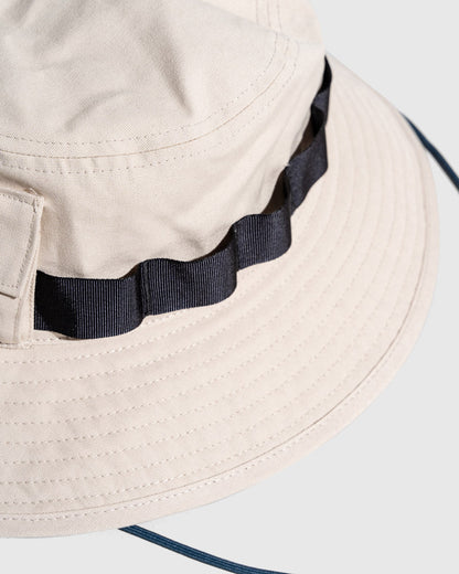 Bone Organic Bucket Stash Hat (Detail): Close-up of navy grosgrain ribbon band looped across cream brim