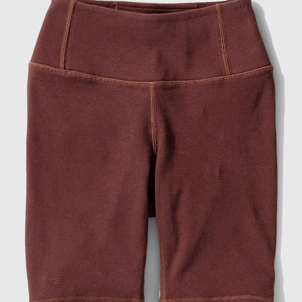 Chocolate EcoKnit™ Ribbed Bike Short (Flat-lay): Dark brown ribbed bike shorts with wide waistband and side pocket