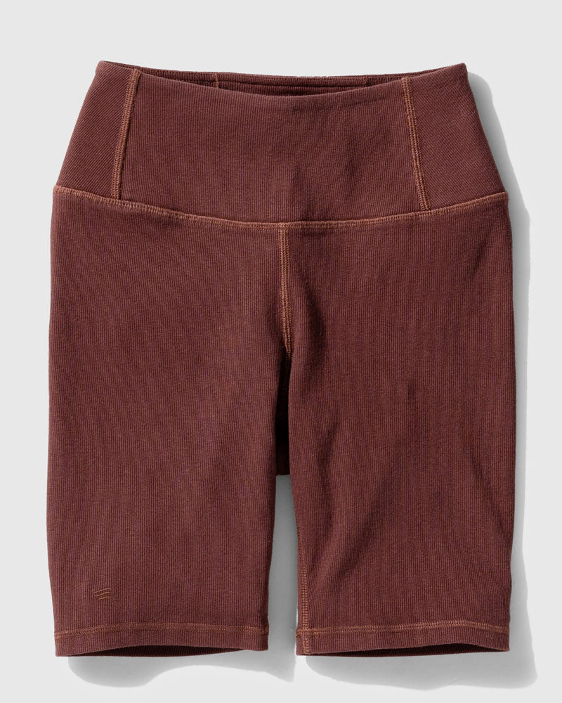 Chocolate EcoKnit™ Ribbed Bike Short (Flat-lay): Dark brown ribbed bike shorts with wide waistband and side pocket