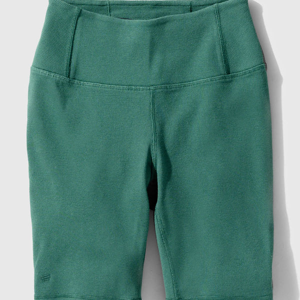 Jade EcoKnit™ Ribbed Bike Short (Flat-lay): Teal ribbed bike shorts with wide waistband and side pockets