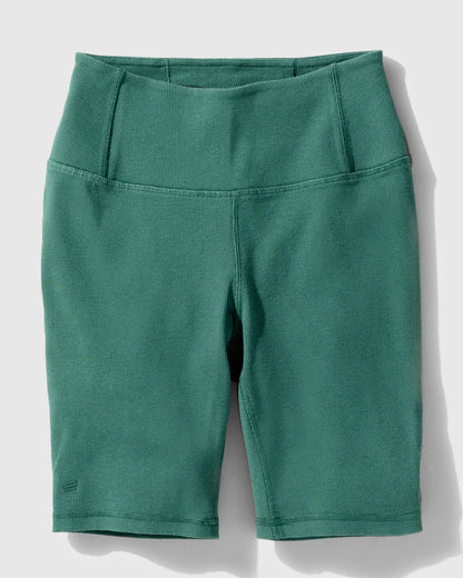 Jade EcoKnit™ Ribbed Bike Short (Flat-lay): Teal ribbed bike shorts with wide waistband and side pockets