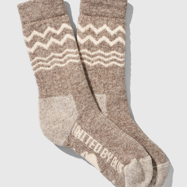Natural The Ultimate Bison Wool Sock (Flat-lay): Taupe heathered crew socks with cream zigzag stripe pattern across calf