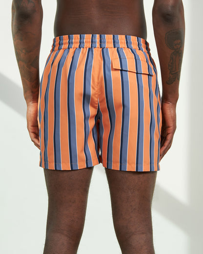Orange Ochre Recycled Swim Trunk - 5" (Back): Back view showing orange and blue vertical stripes with rear flap pocket